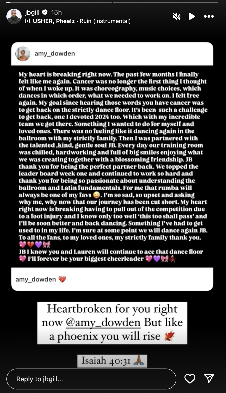 JB Gill commenting on Amy Dowden's exit from Strictly on Instagram