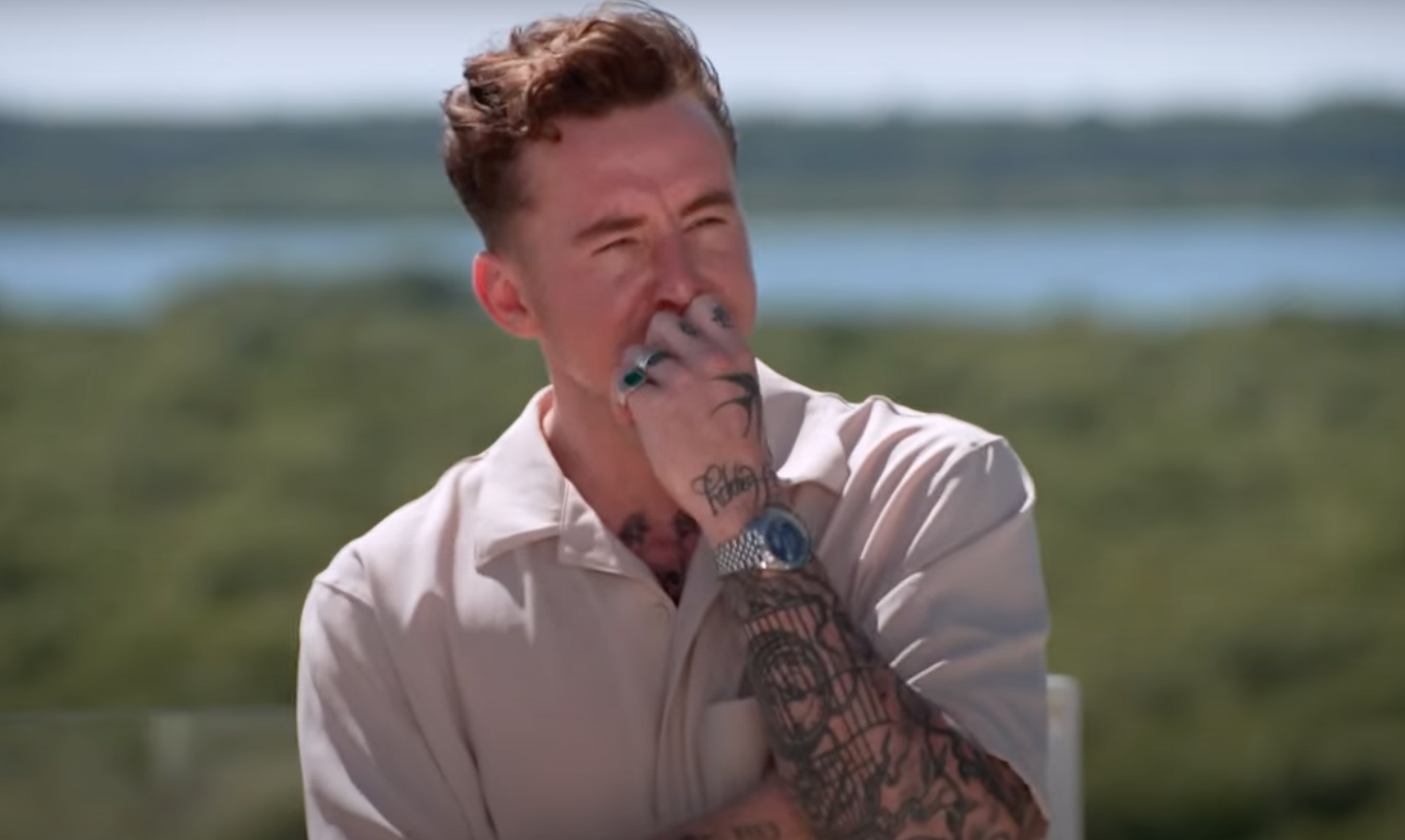 Danny Jones looks concerned before taking on the first trial on I'm A Celebrity