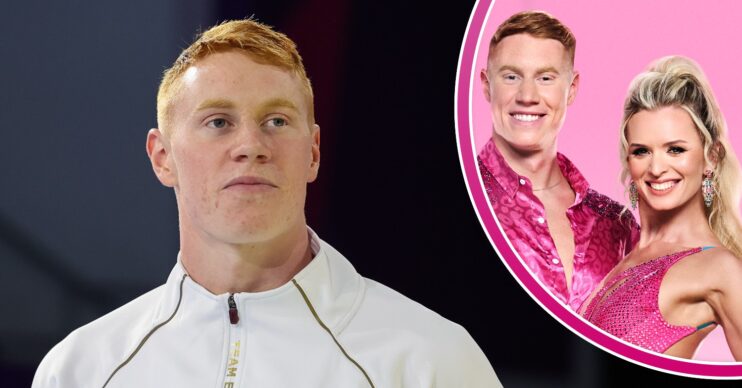 Tom Dean at swimming event and smiling with Nadiya Bychkova in Strictly press image