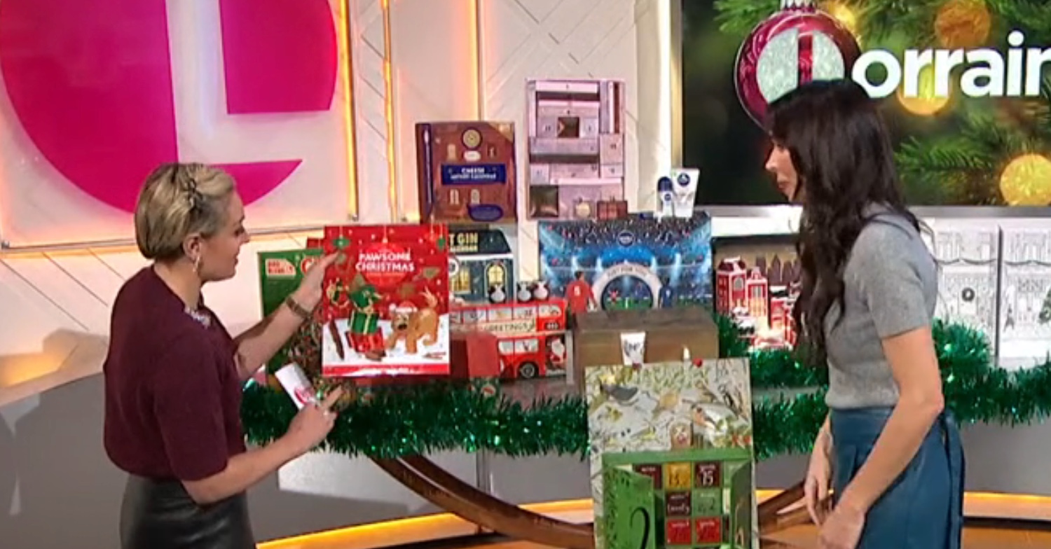 Amy Dowden and Christine Lampard looking at advent calendars on Lorraine