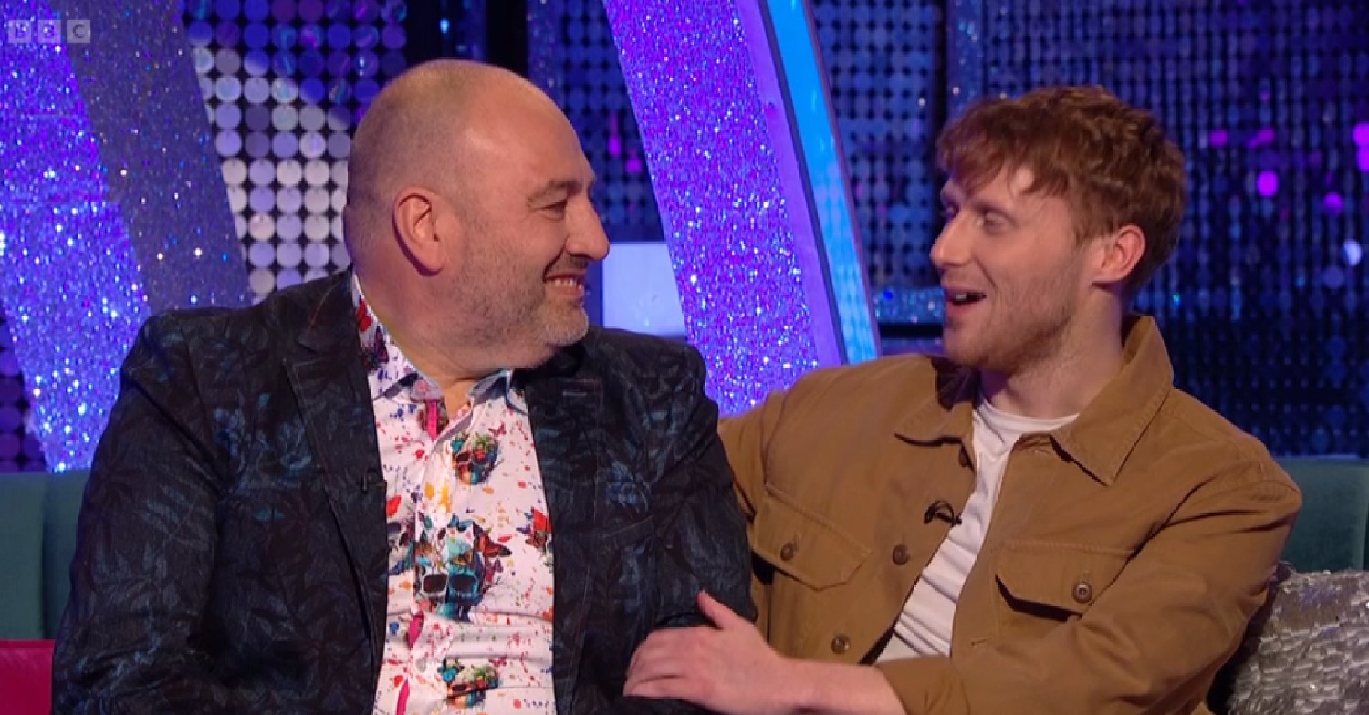 Wynne Evans looking at Jamie Borthwick on Strictly It Takes Two