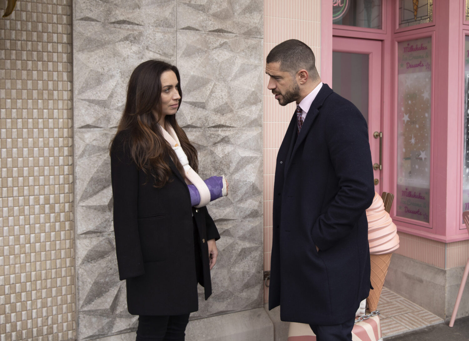 Shona and Adam talking at the precinct