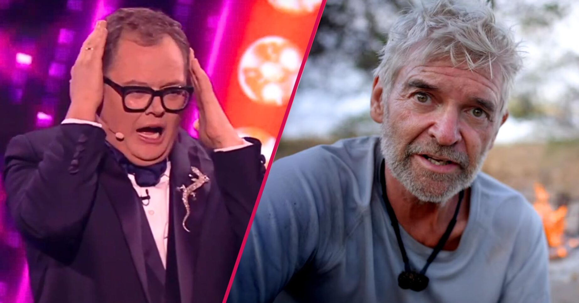 Split screen of Alan Carr presenting the Royal Variety Performance 2024 and Phillip Schofield on a beach wearing a bushy beard