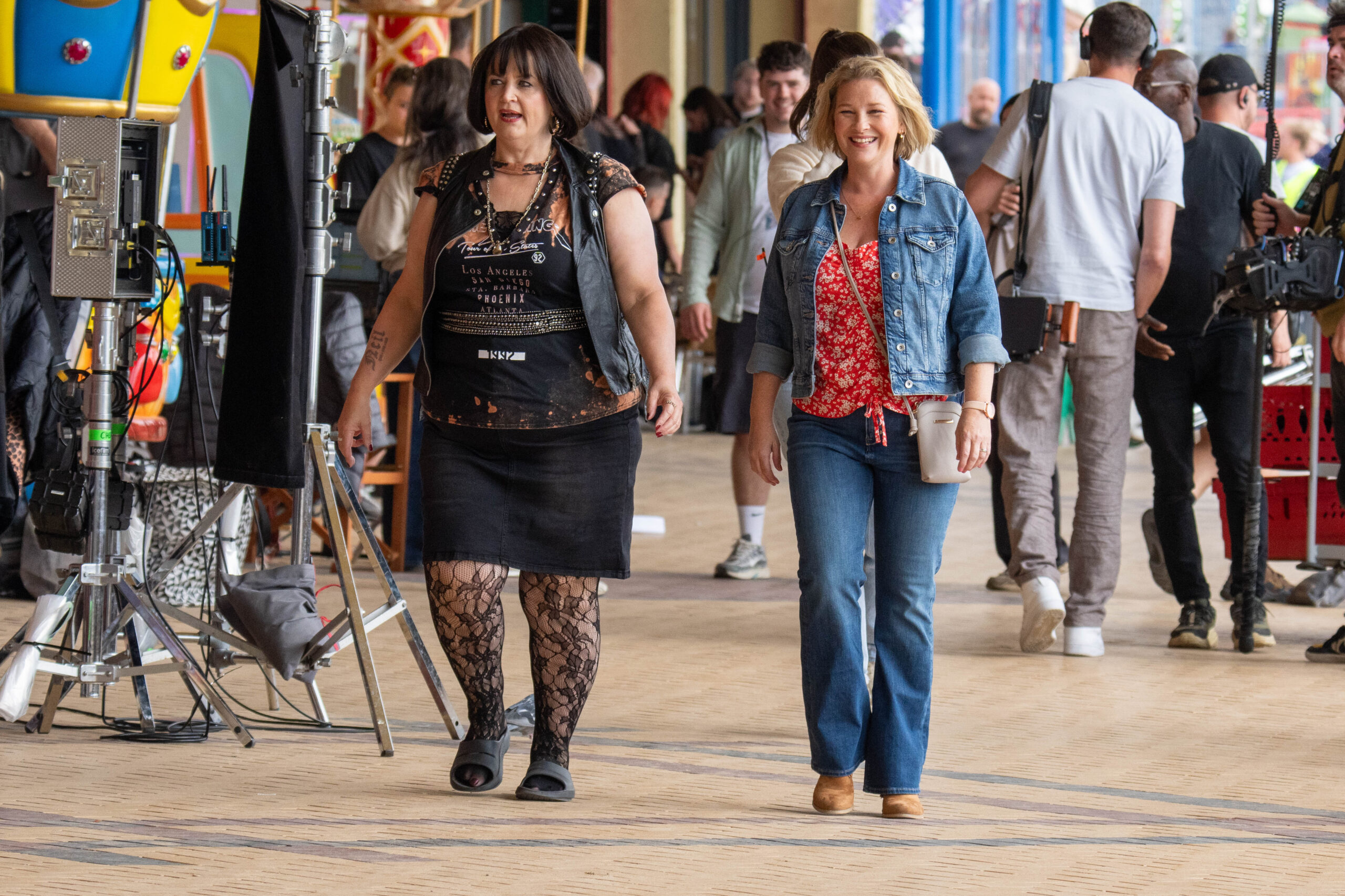 Actress Ruth Jones and Joanna Page filming the "Gavin And Stacey" 2024 Christmas Special on Barry Island in Wales.