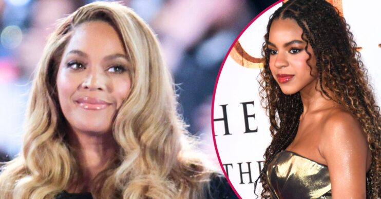 ED! composite of Beyoncé smiling at event and her daughter Blue Ivy at movie premiere