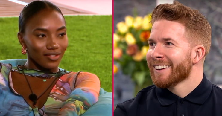 Split screen of Chyna Mills on Love Island and Neil Jones on This Morning