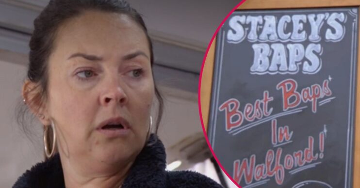 Stacey Slater and menu behind her