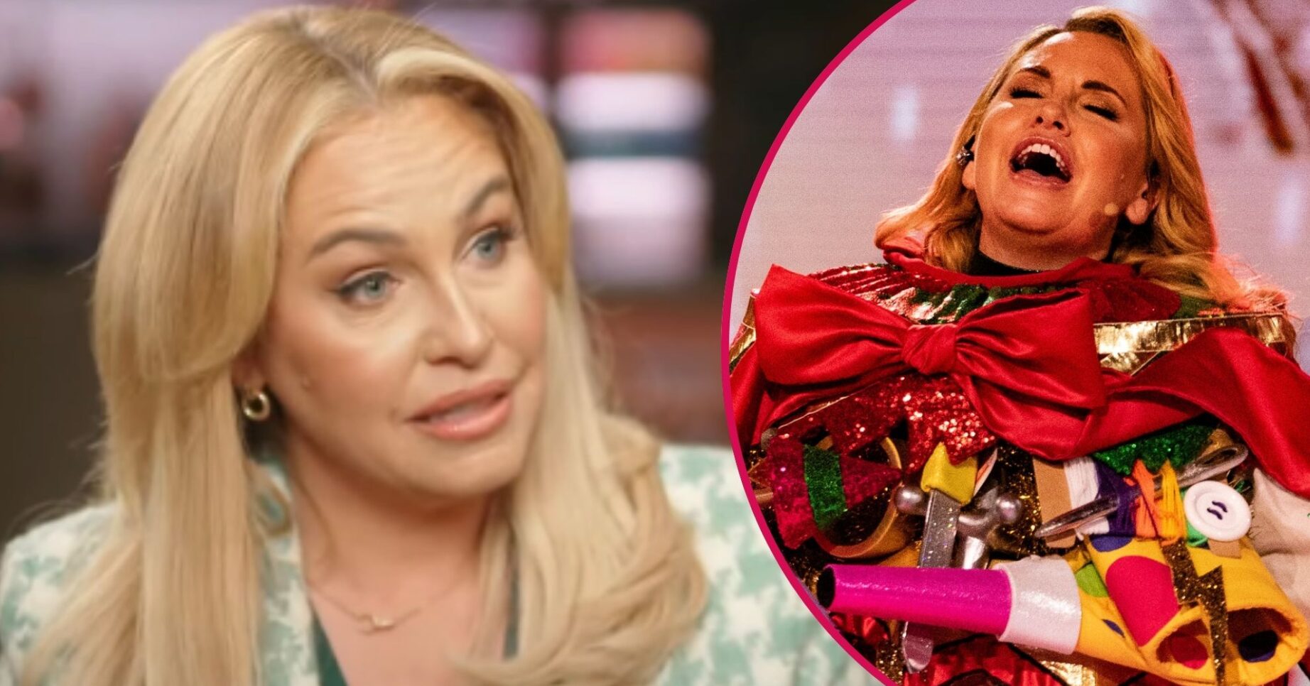 ED! composite of Josie Gibson on This Morning and singing as Cracker on The Masked Singer Christmas special