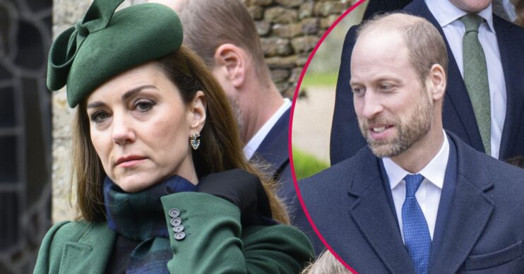 ED! composite of Princess Kate in green outfit and Prince William talking on Christmas Day walkabout