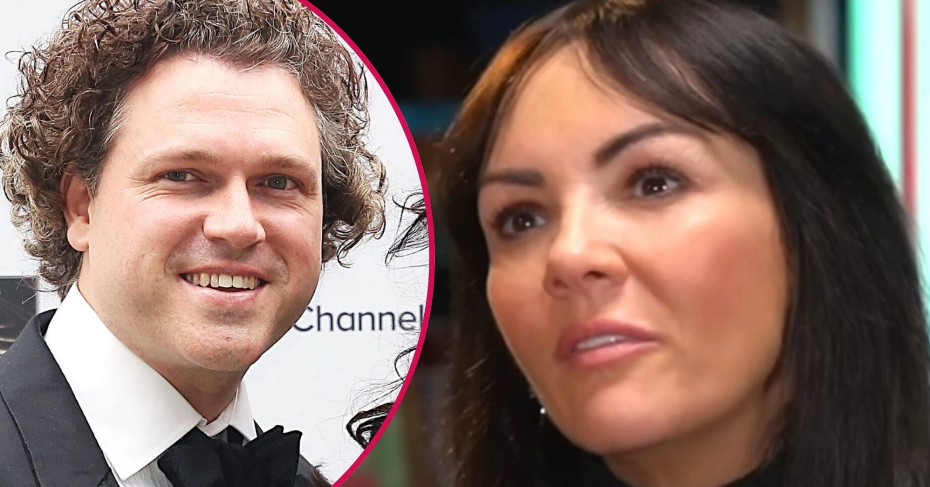 ED! composite of Martine McCutcheon on podcast and husband Jack smiling at event