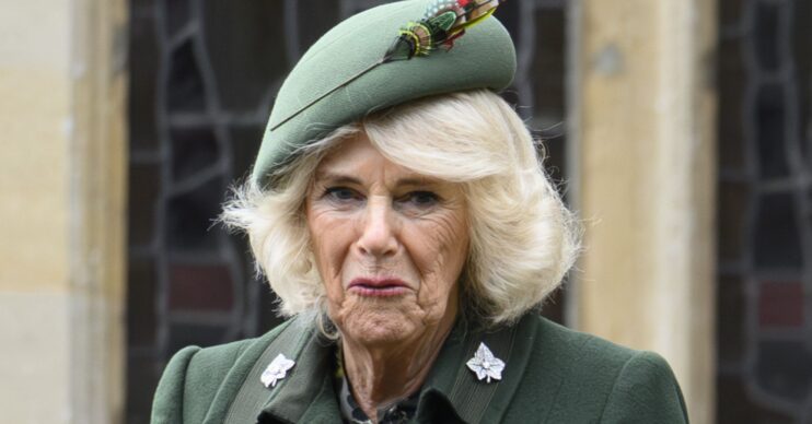 Queen Camilla in all green outfit leaving church service on Christmas Day