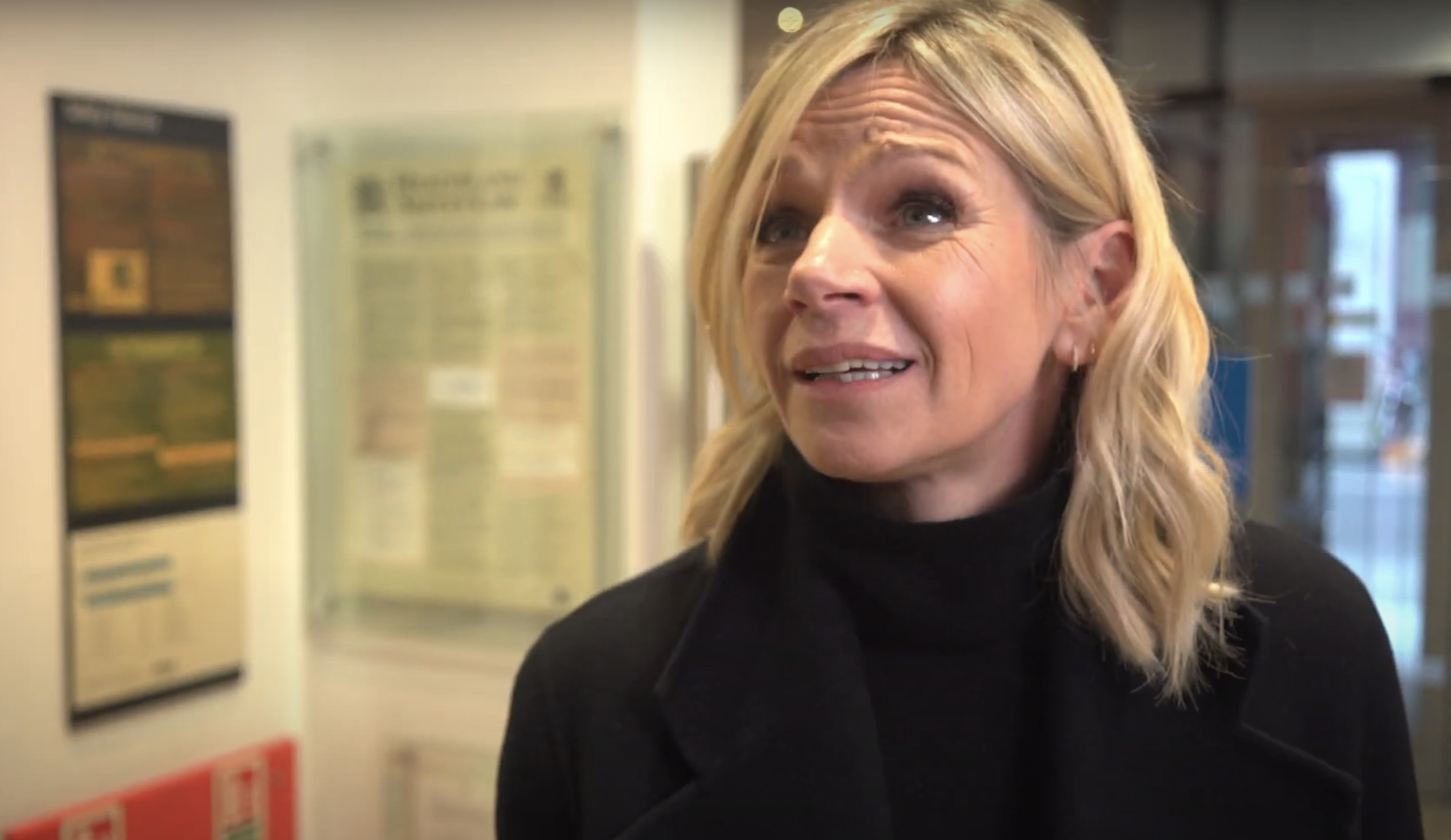 Zoe Ball in a black turtleneck in the BBC offices