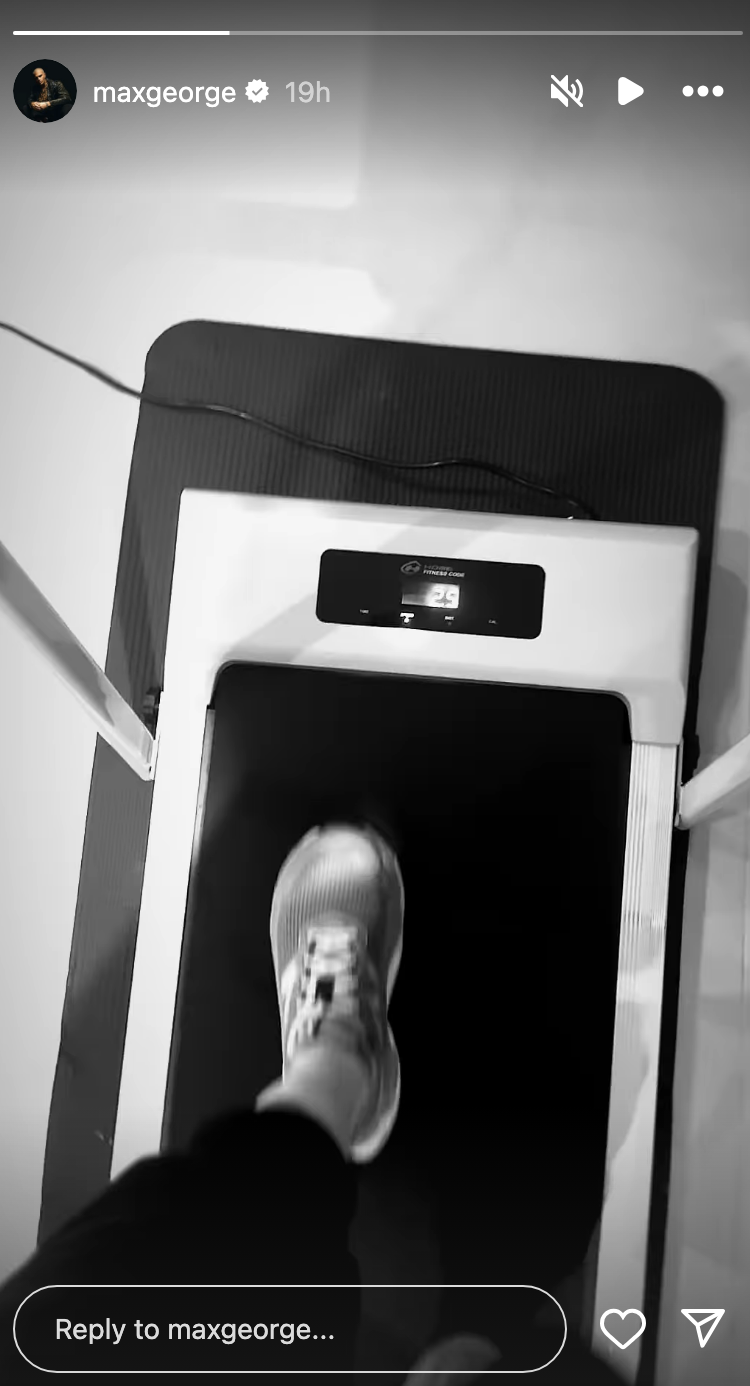 Max George walking on a treadmill