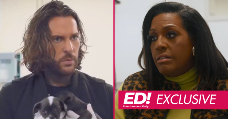 Pete Wicks holding puppies and Alison Hammond on For The Love Of dogs