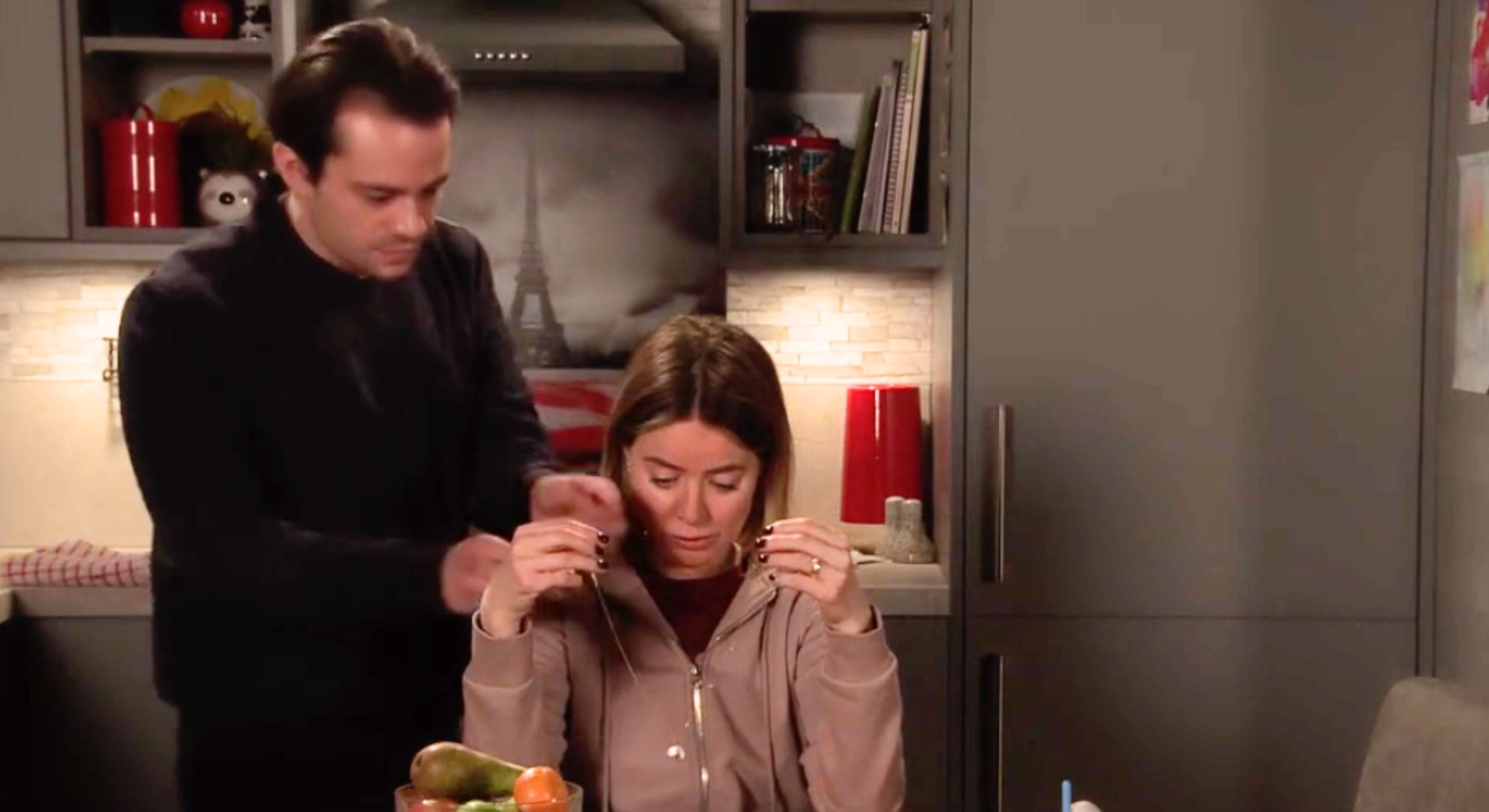 Corrie's Seb putting necklace on Abi