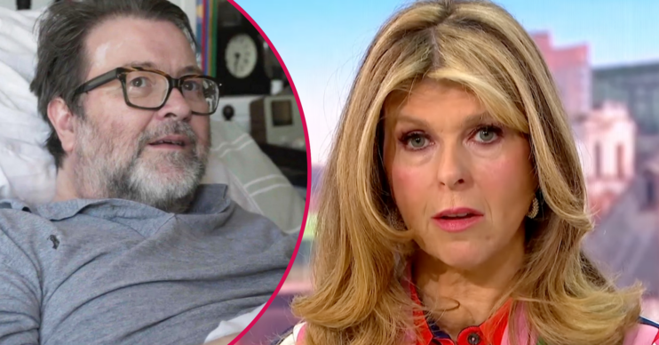 Kate Garraway looking upset and Derek in hospital