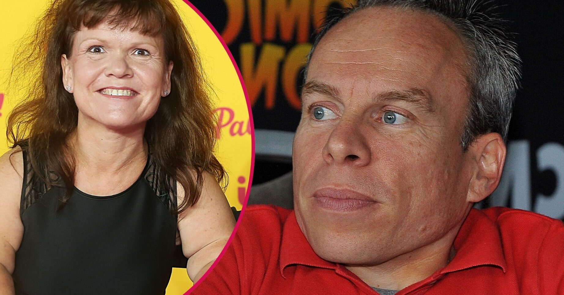 Samantha Davis smiling beside a frowning Warwick Davis