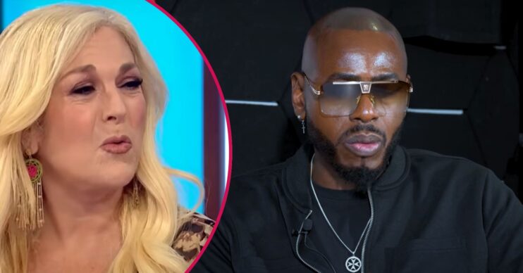 Vanessa Feltz looking cross on Loose Women / Ben Ofoedu speaking on a podcast