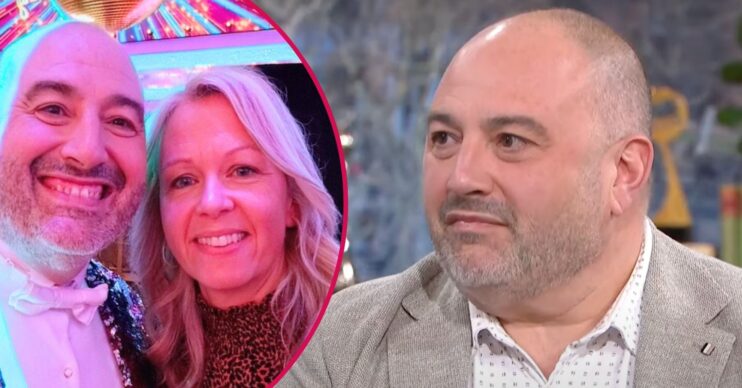 Wynne Evans frowning beside a selfie with his ex-girlfriend Liz Brookes