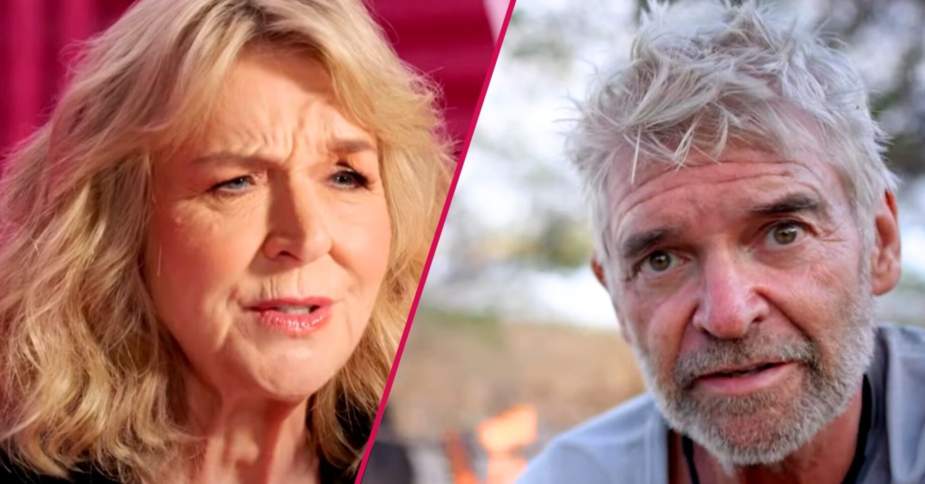 Split screen image featuring Fern Britton on Big Brother and Phillip Schofield in the trailer for his Desert Island show