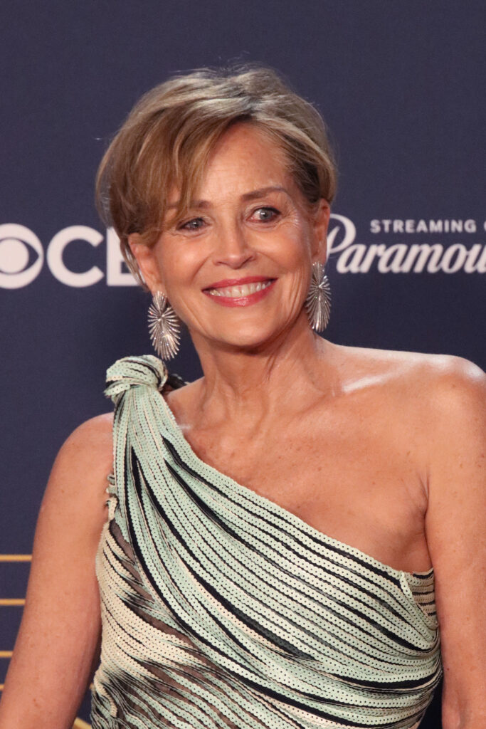 Sharon Stone smiling in a silver dress