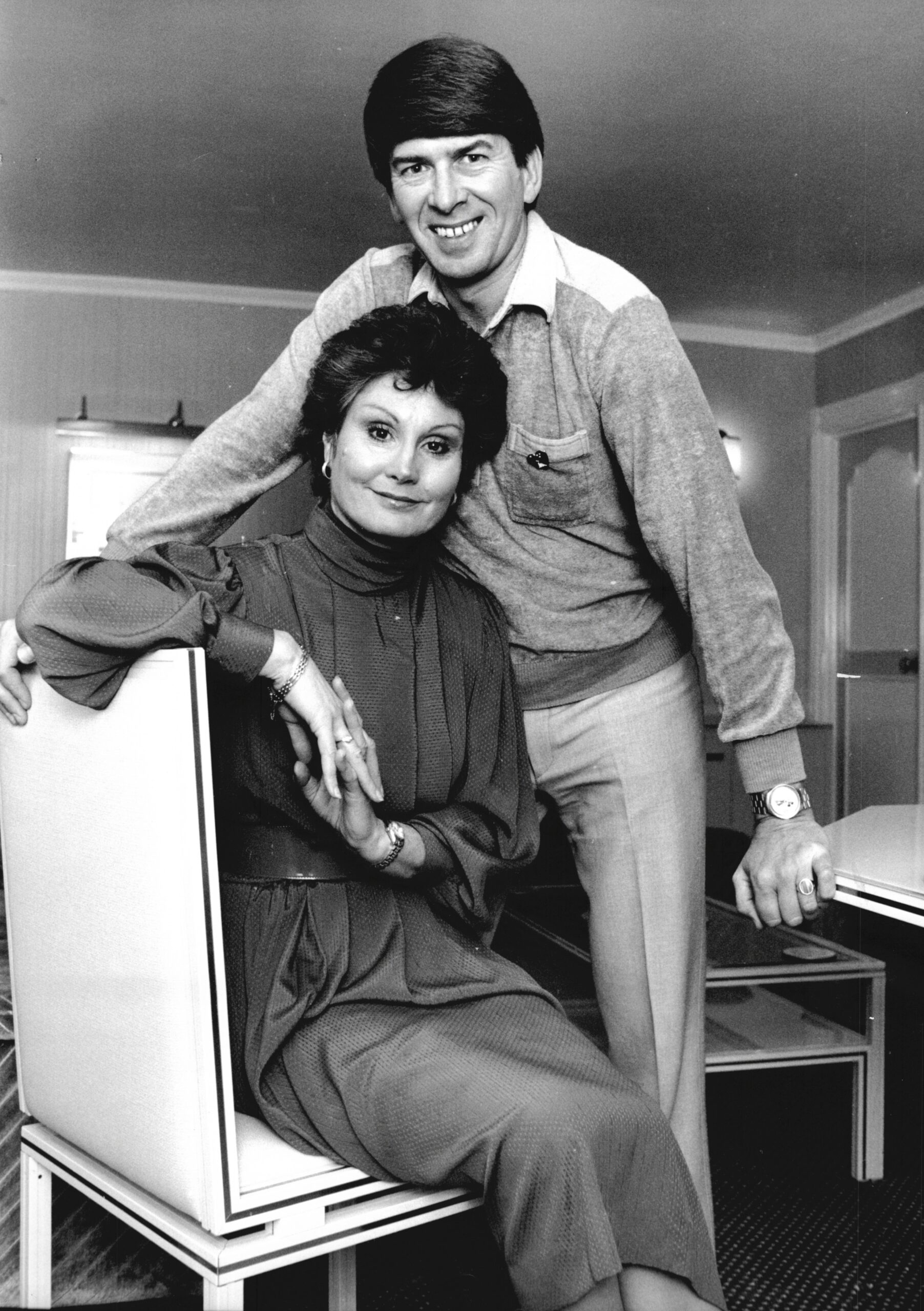 Black and white picture of Angela Rippon and her husband
