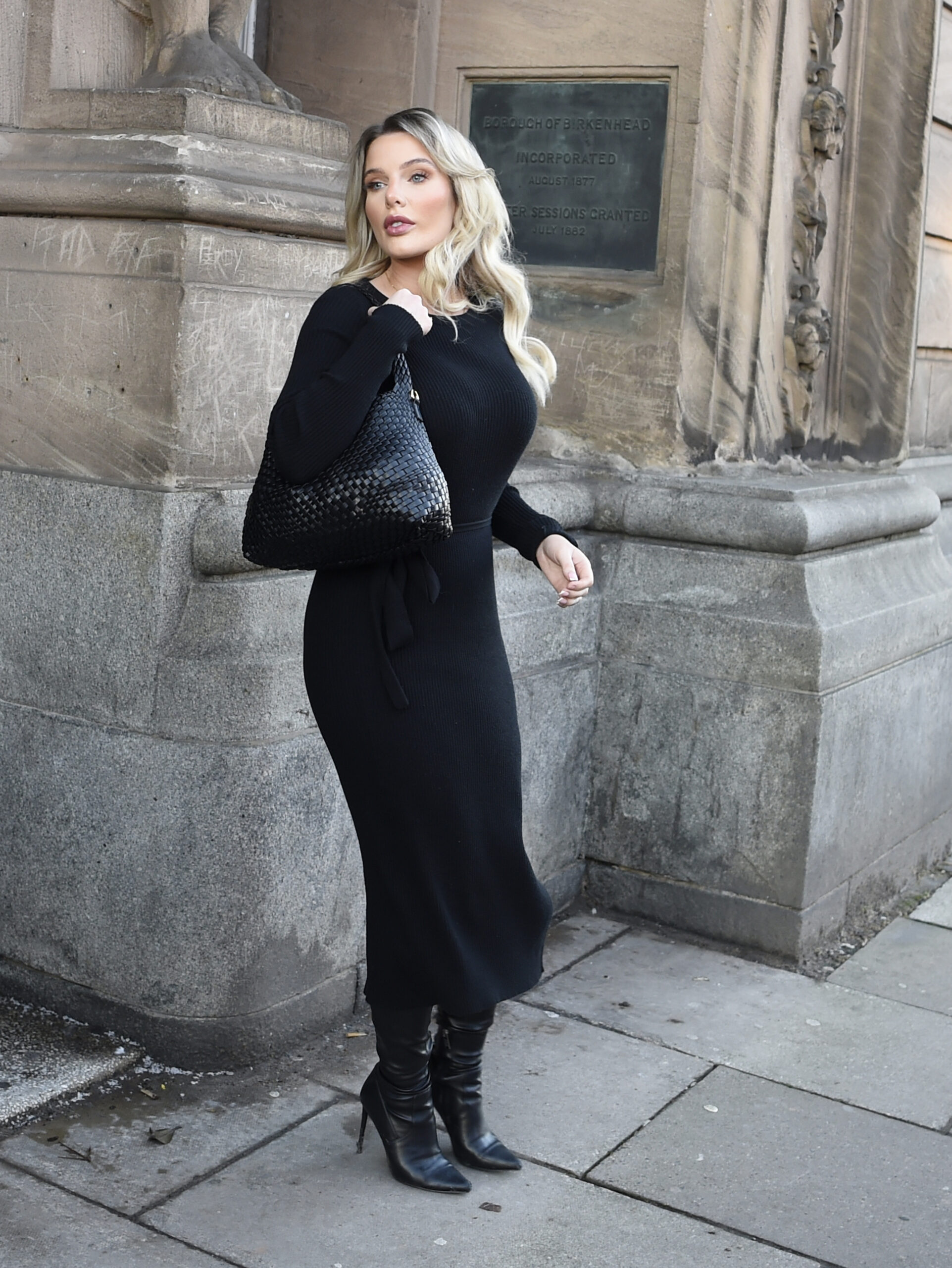 Helen Flanagan outside court in a black dress
