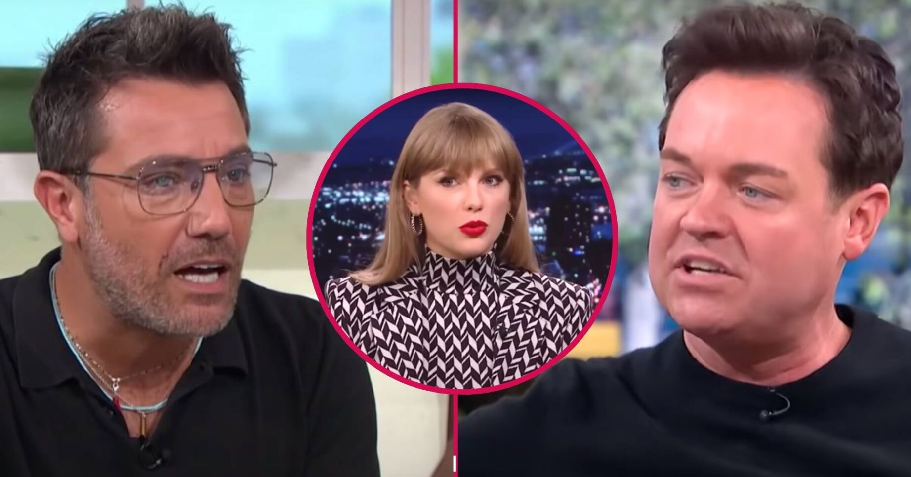 Gino D'Acampo looks surprised, Taylor Swift looks to her side, Stephen Mulhern speaks