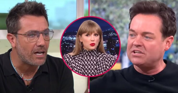 Gino D'Acampo looks surprised, Taylor Swift looks to her side, Stephen Mulhern speaks