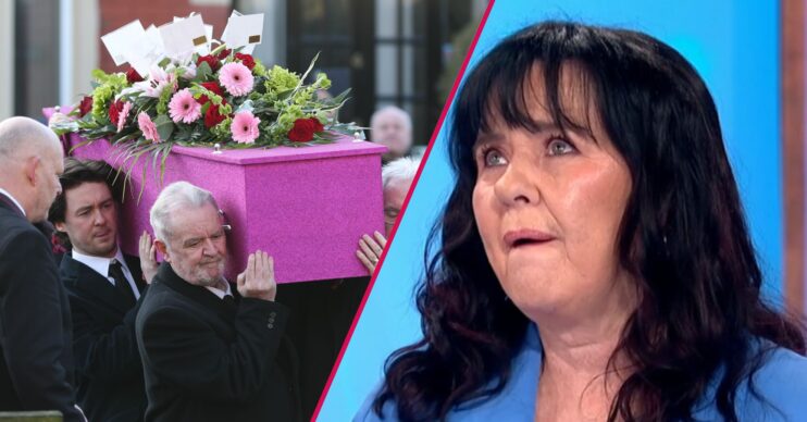 Linda's coffin and Coleen looking sad