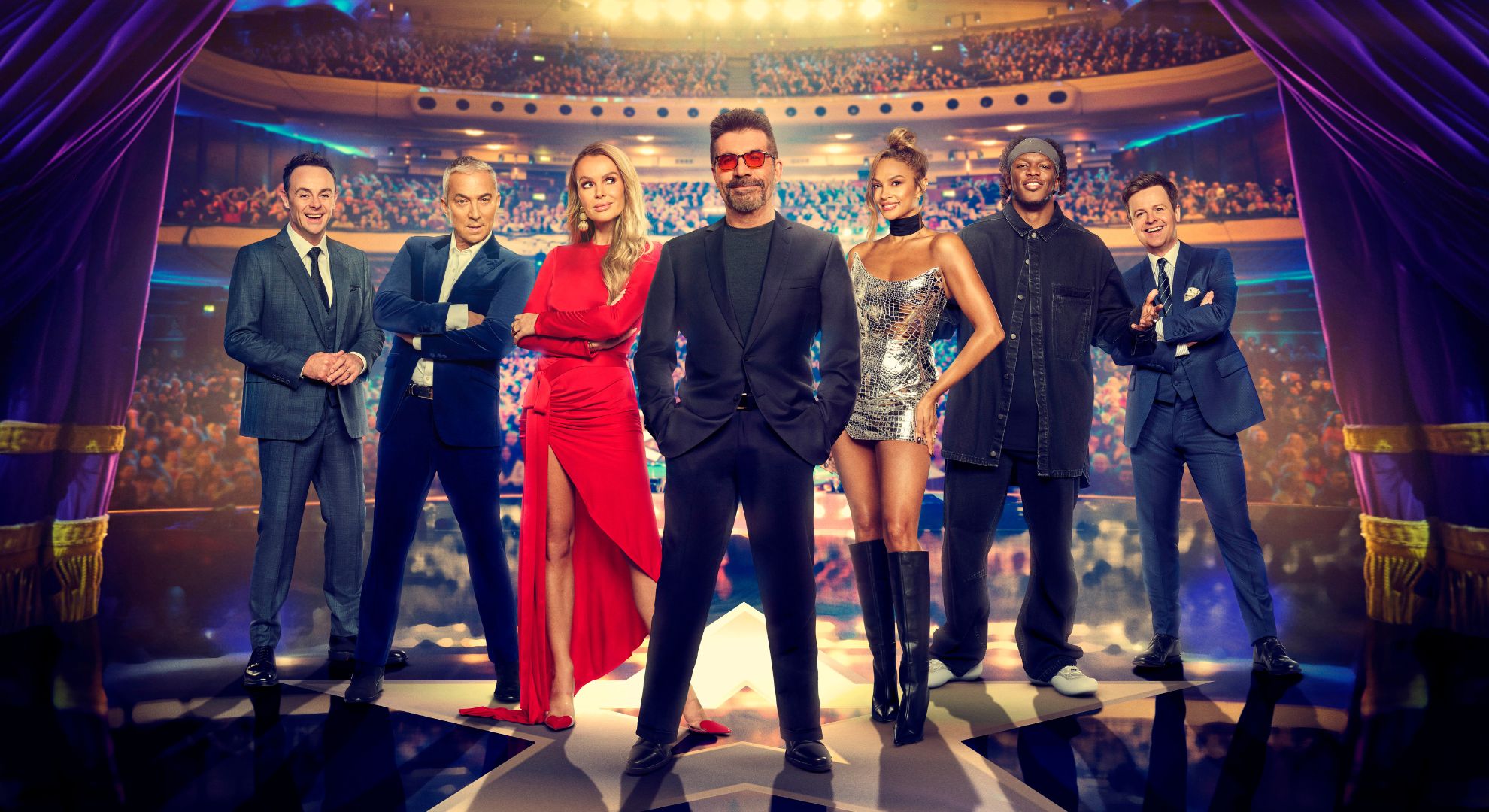 Ant and Dec, Bruno Tonioli, Amanda Holden, Simon Cowell, Alesha Dixon, and KSI in a Britain's Got Talent promo shot