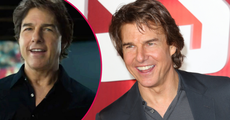Tom Cruise on the red carpet in a suit and inset in his Super Bowl ad