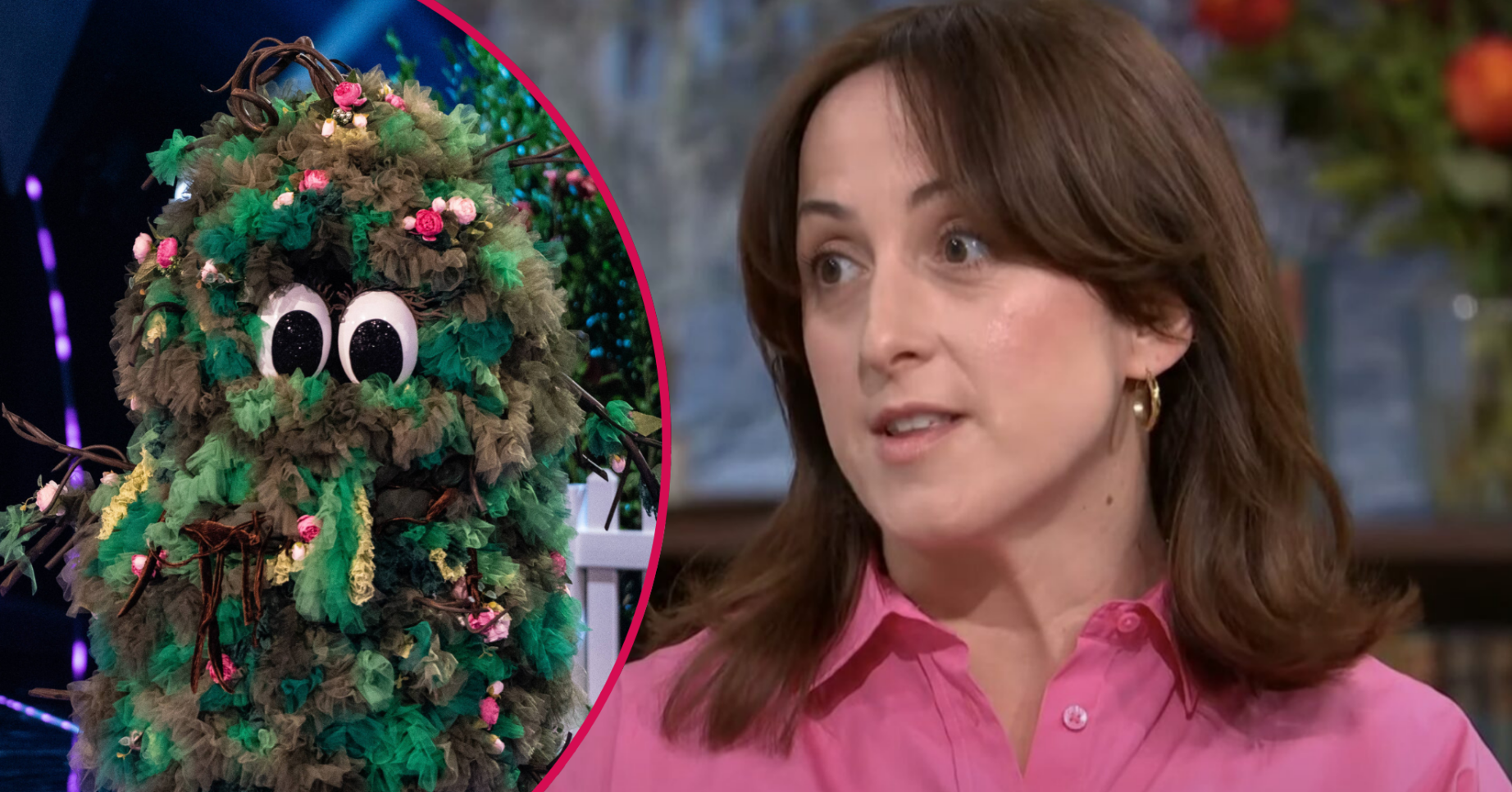 Natalie Cassidy in a pink shirt and as Bush on The Masked Singer