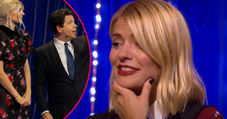 Holly Willoughby and michael Mcintyre on stage beside a mortified shot of Holly