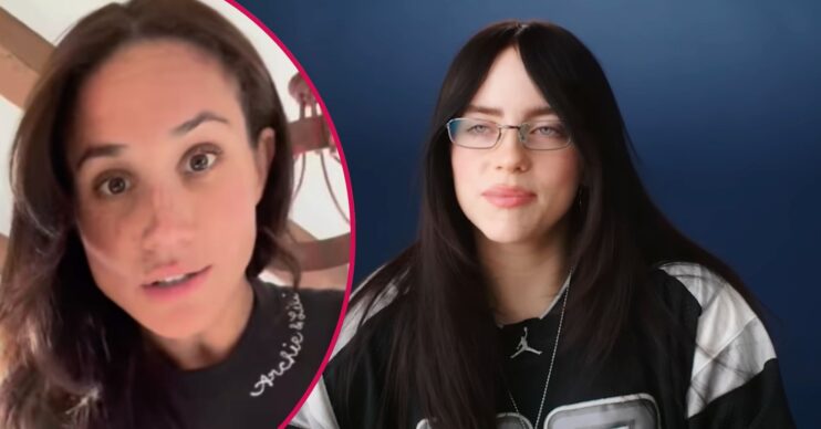 Billie Eilish wears a black and white football jersey