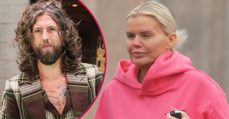 Jameson Stocks wearing a tartan suit and Kerry Katona in a pink tracksuit