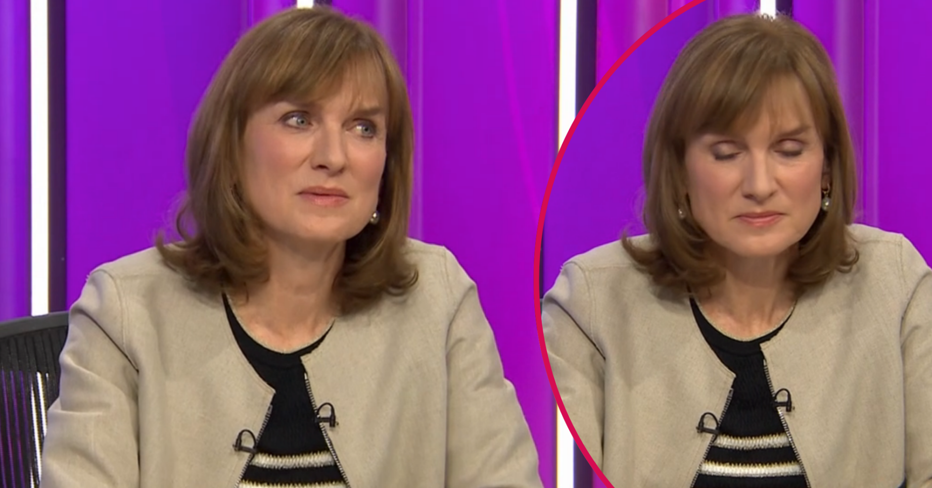 Fiona Bruce looking upset on Question Time