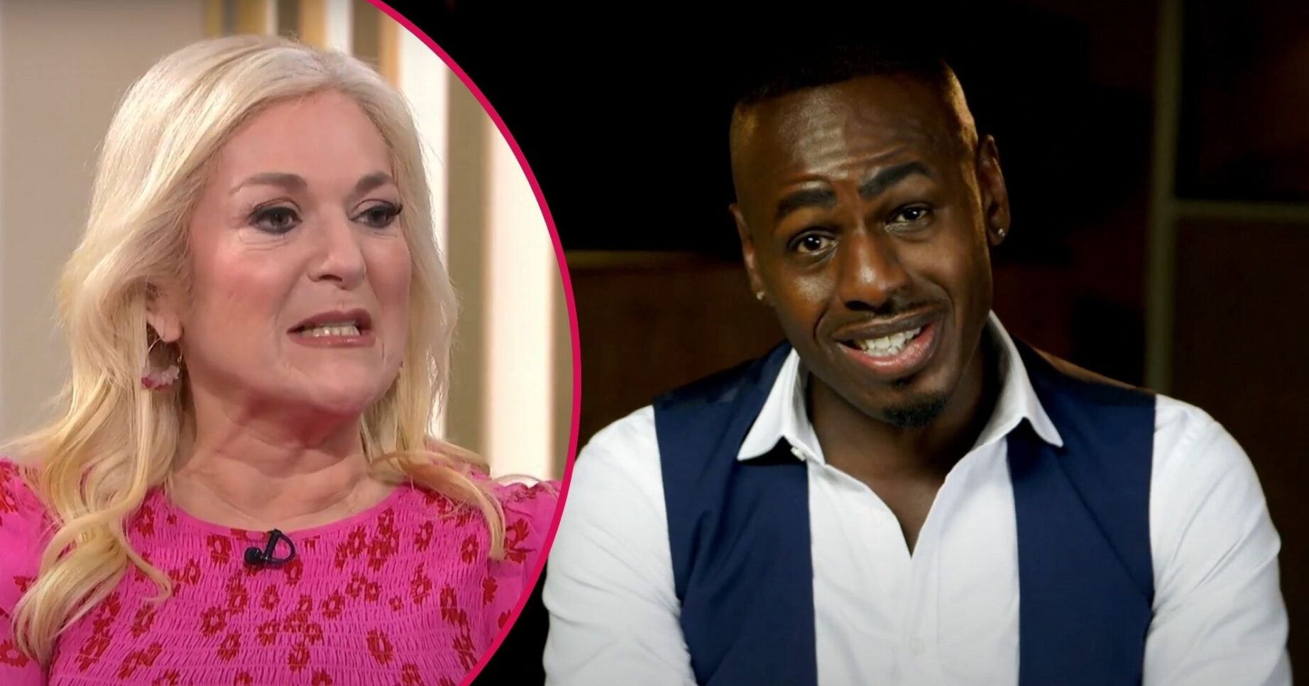 Vanessa Feltz looking sad / Ben Ofoedu smirking