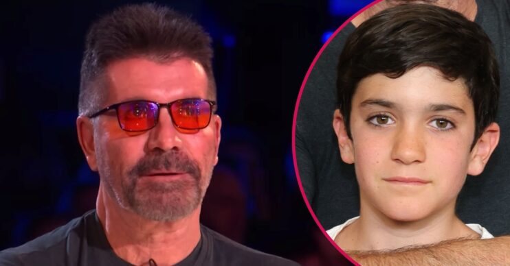 Simon Cowell looks serious, his son Eric Cowell looks forward