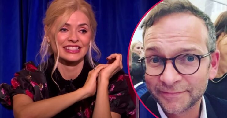 Holly Willoughby makes an earnest gesture, her husband looks at the camera