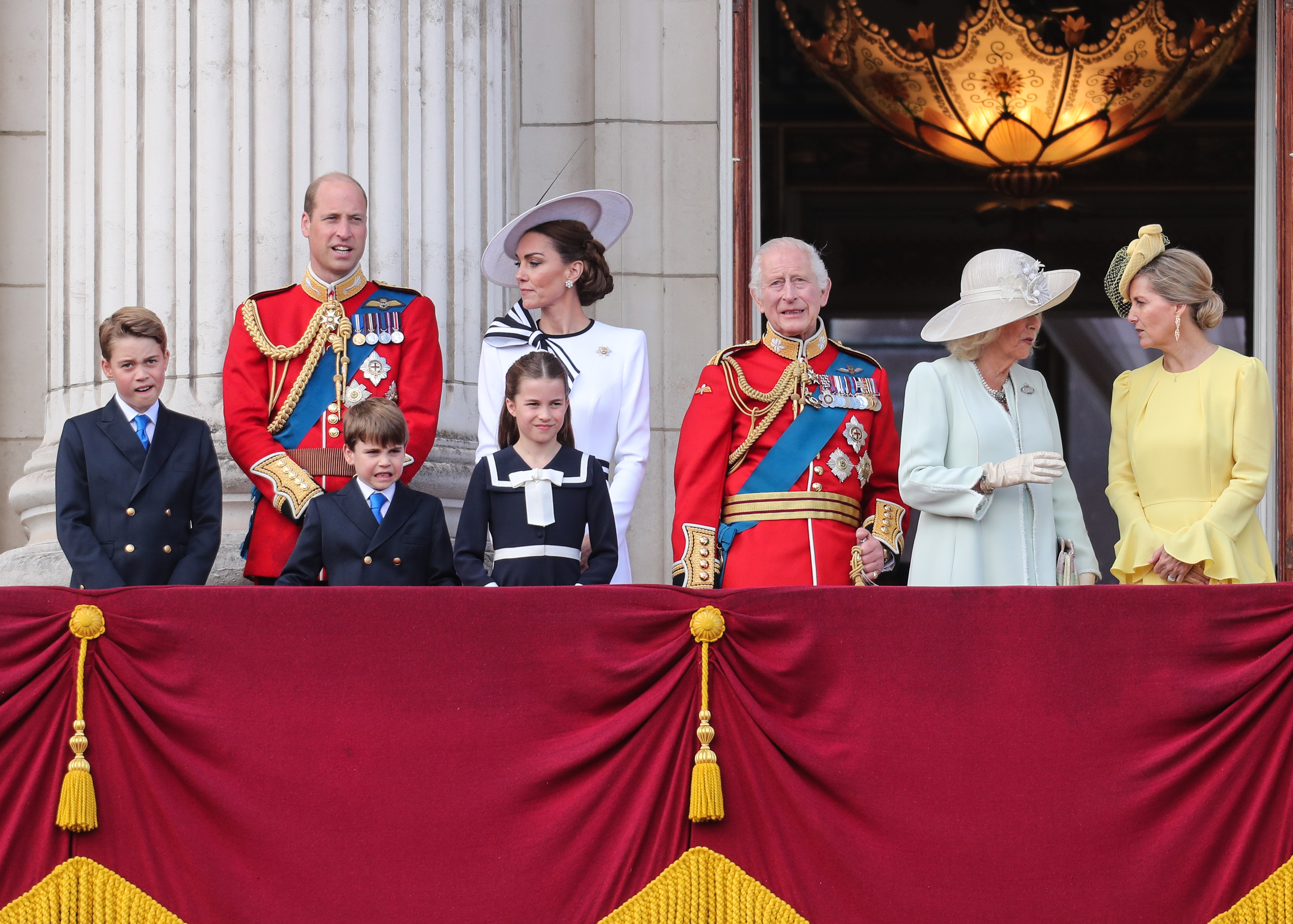 Princess Kate in burgundy outfit and Prince William during Ceremonial Welcome for Emir of Qatar