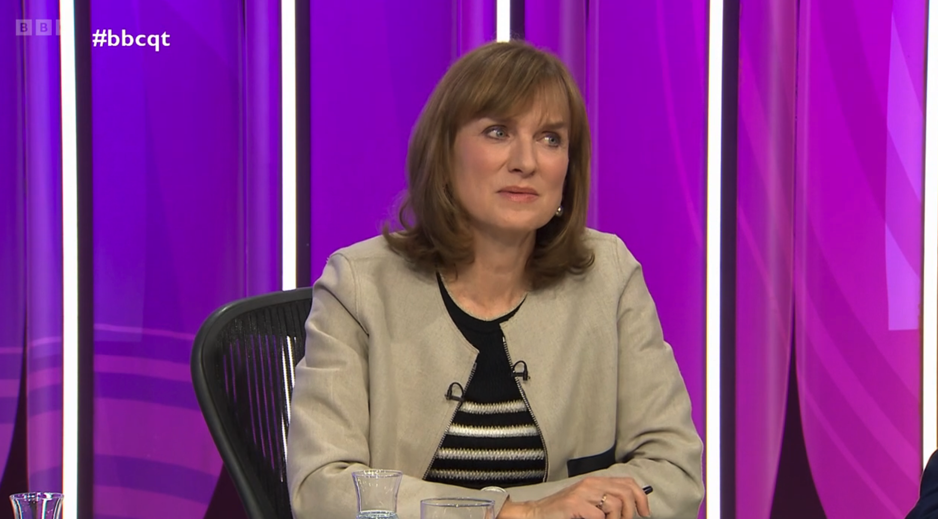 Fiona Bruce looking upset on Question Time