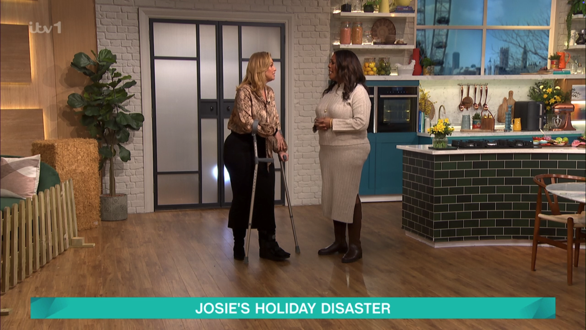 Josie Gibson on the This Morning set on crutches