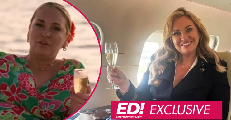 Josie Gibson sitting on a private jet and in a pool with champagne