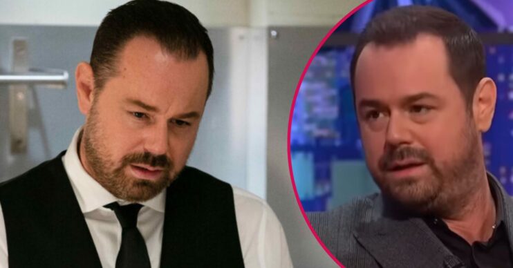 Mick Carter looks moody on EastEnders; inset, Danny Dyer in an interview (Credit: BBC/ITV/Composite: ED!)