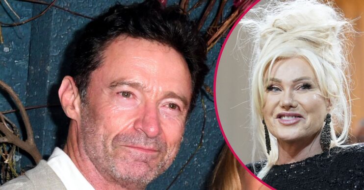 Hugh Jackman looks to the side, Deborra-Lee Furness smiles