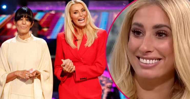 Split image of Stacey Solomon and Strictly hosts Tess Daly and Claudia Winkelman