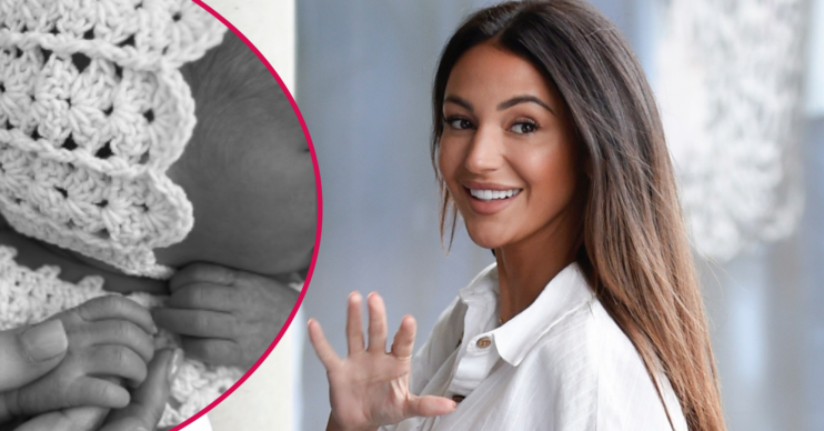 Michelle Keegan waving and baby Palma inset