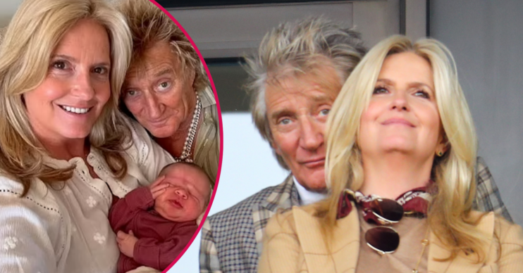 Penny Lancaster and Rod Stewart holding a baby