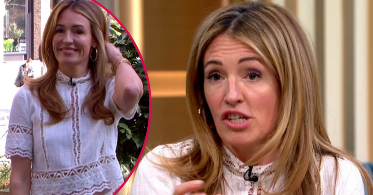Cat Deeley presenting This Morning in a cream outfit